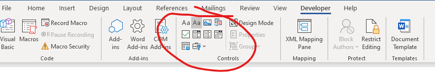 Content Controls in the Developer ribbon