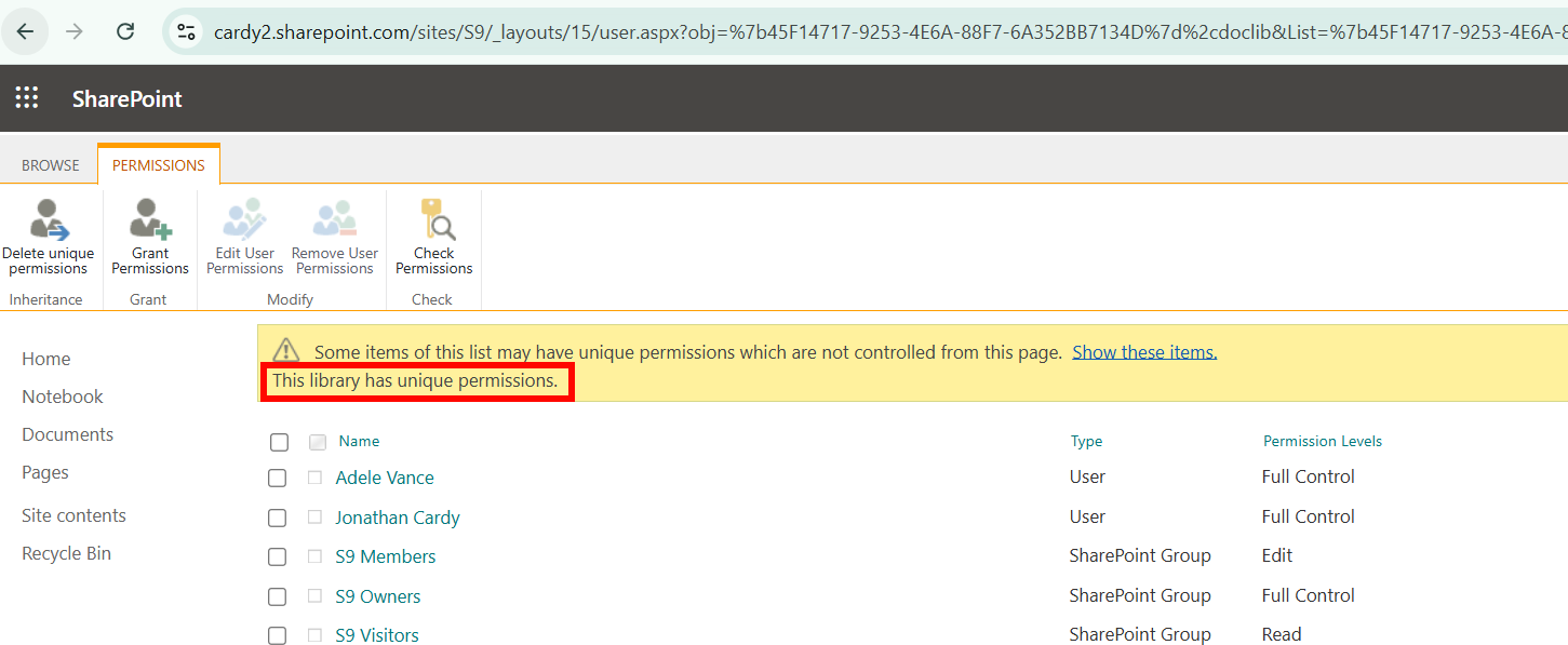 library unique permissions