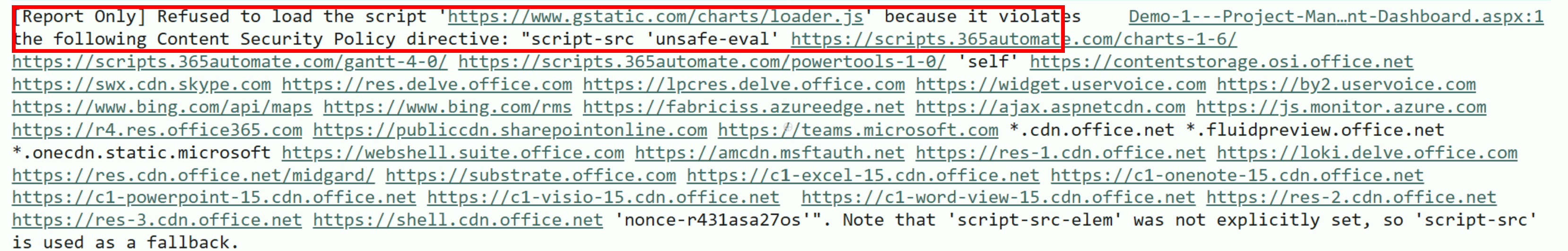 Content security policy warning in SharePoint Online