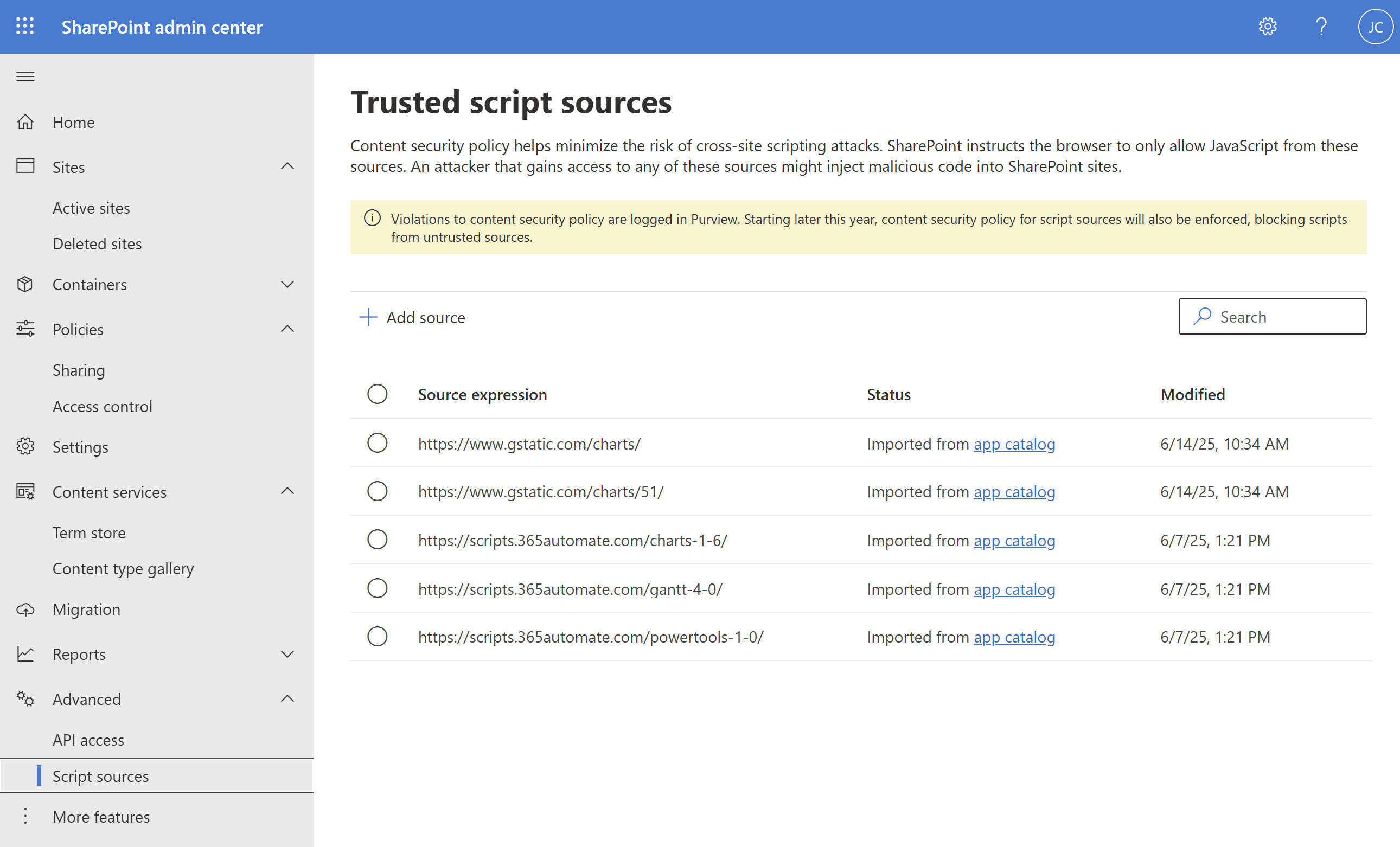 Trusted script sources in SharePoint Online